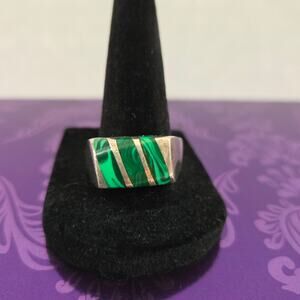 VTG Men's 925 Sterling Silver Mexico Green Malachite Inlay Ribbon Ring Size 10.5